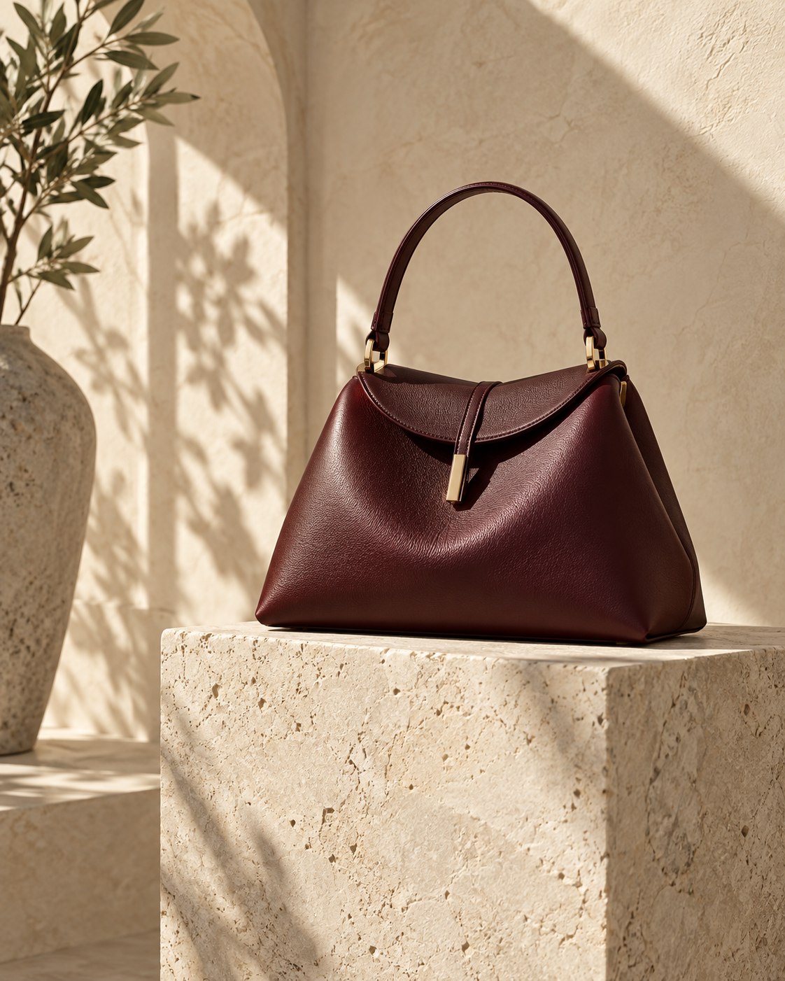 Sculptural burgundy handbag on a pale stone pedestal